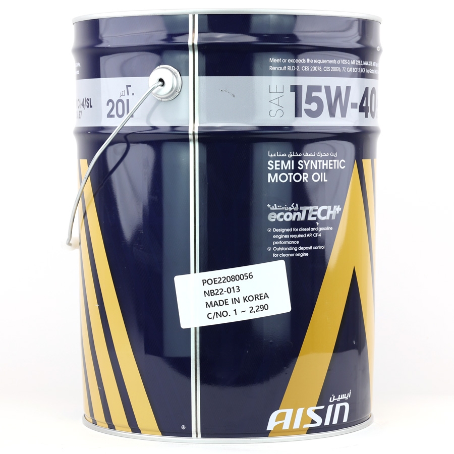 Dầu Nhớt Bán Tổng Hợp AISIN Econtech+ CI4/SL 15W40 20 Lít ECSI154PLB - Nhập Khẩu Chính Hãng