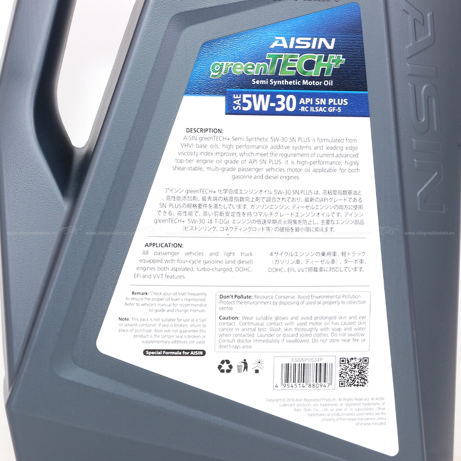 Nhớt Động Cơ AISIN ESSNP0534P 5W-30 SN Plus Greentech+ Semi Synthetic 4L - Nhập Khẩu Chính Hãng