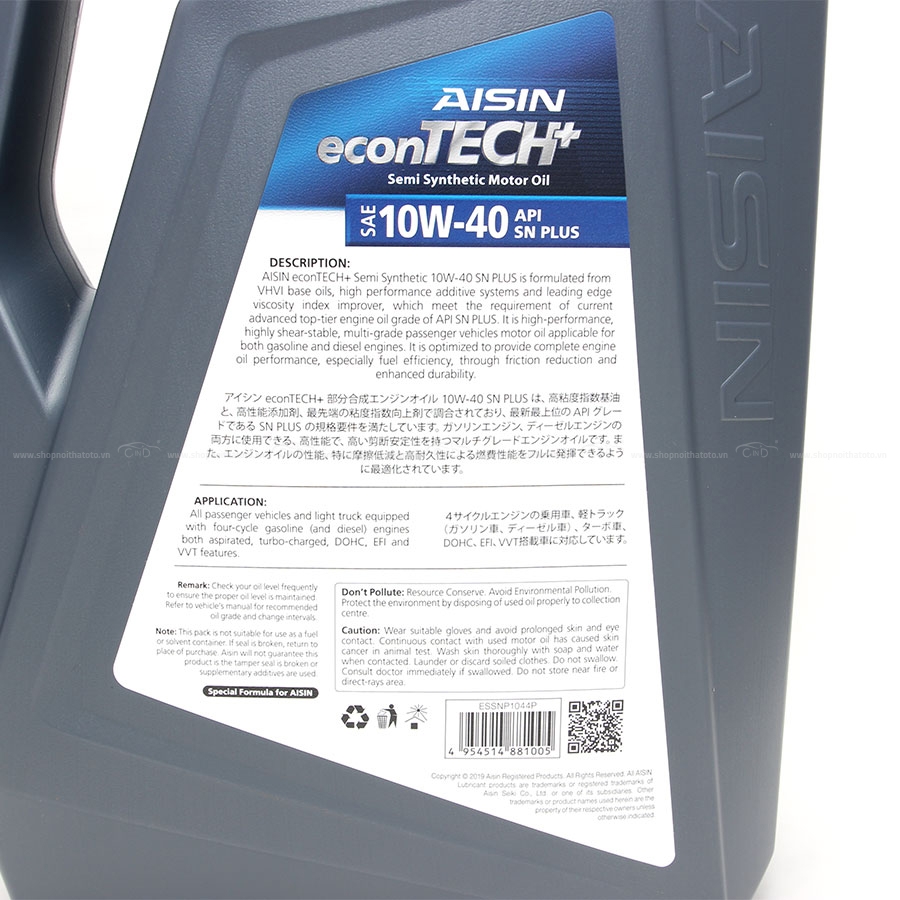Nhớt Động Cơ AISIN ESSN1044P 10W-40 SN Plus Econtech+ Semi Synthetic 4L - Nhập Khẩu Chính Hãng