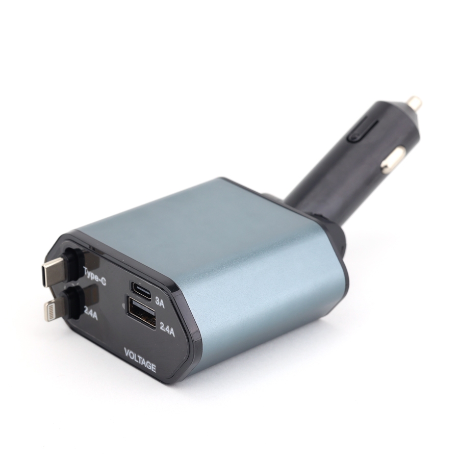 Tẩu Sạc Nhanh C1 Dây Rút Tự Động 4 in 1 USB Type-C Và Lightning Đa Năng Vỏ Hợp Kim Cao Cấp - Nhập Khẩu Chính Hãng