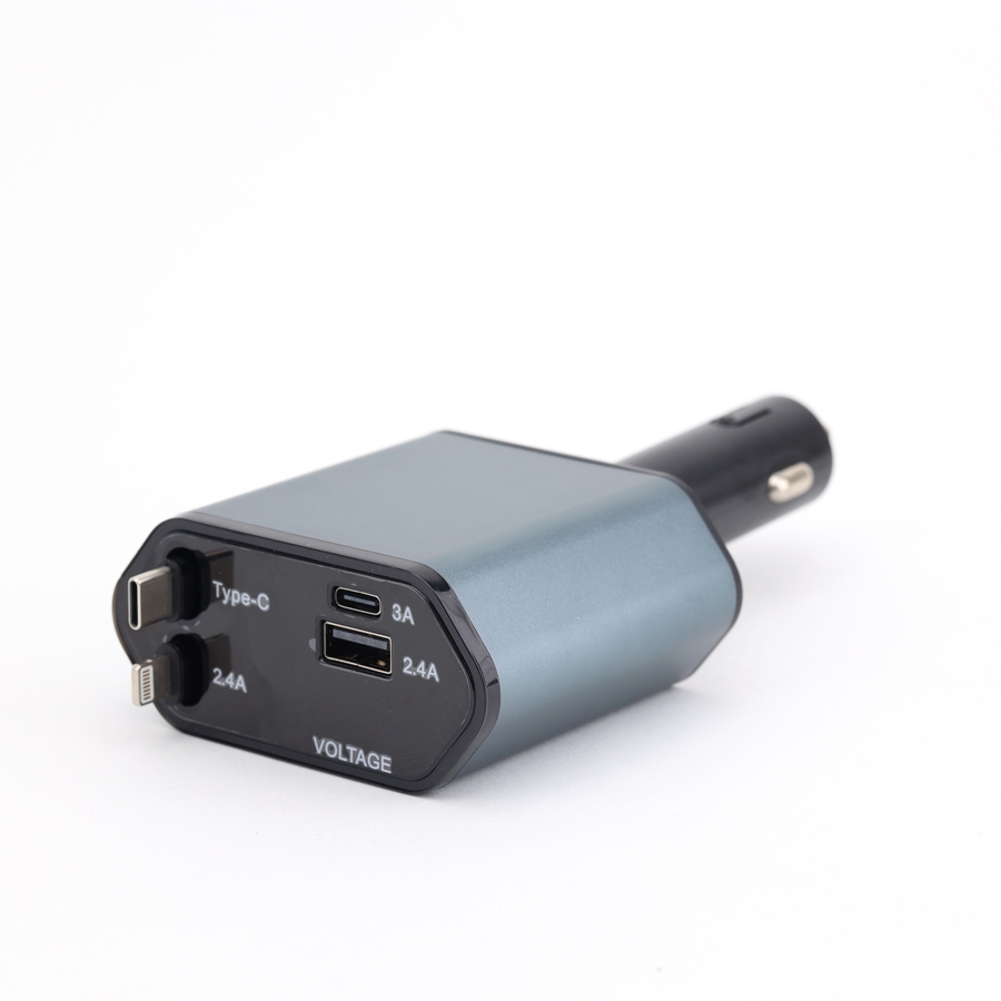 Tẩu Sạc Nhanh C1 Dây Rút Tự Động 4 in 1 USB Type-C Và Lightning Đa Năng Vỏ Hợp Kim Cao Cấp - Nhập Khẩu Chính Hãng