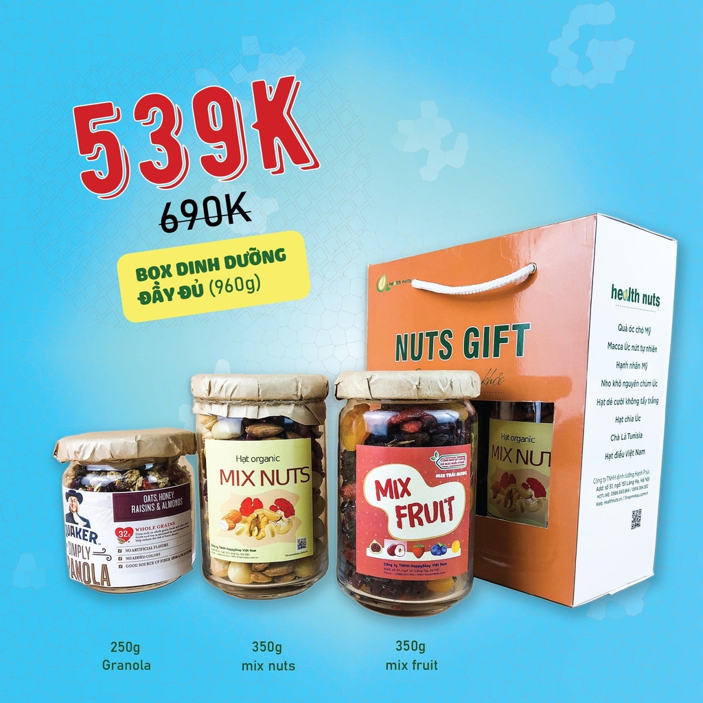 Box Dinh Dưỡng đầy đủ Mix Nuts, Mix Fruit & Granola. Quà tặng cho mẹ bầu