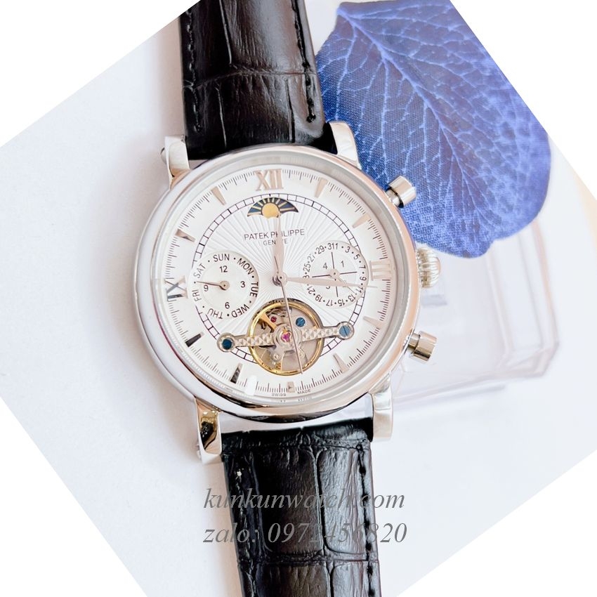 Đồng Hồ Nam Patek Philippe Automatic Lộ Cơ Kim Lịch Đen Mặt Trắng  Silver 42mm