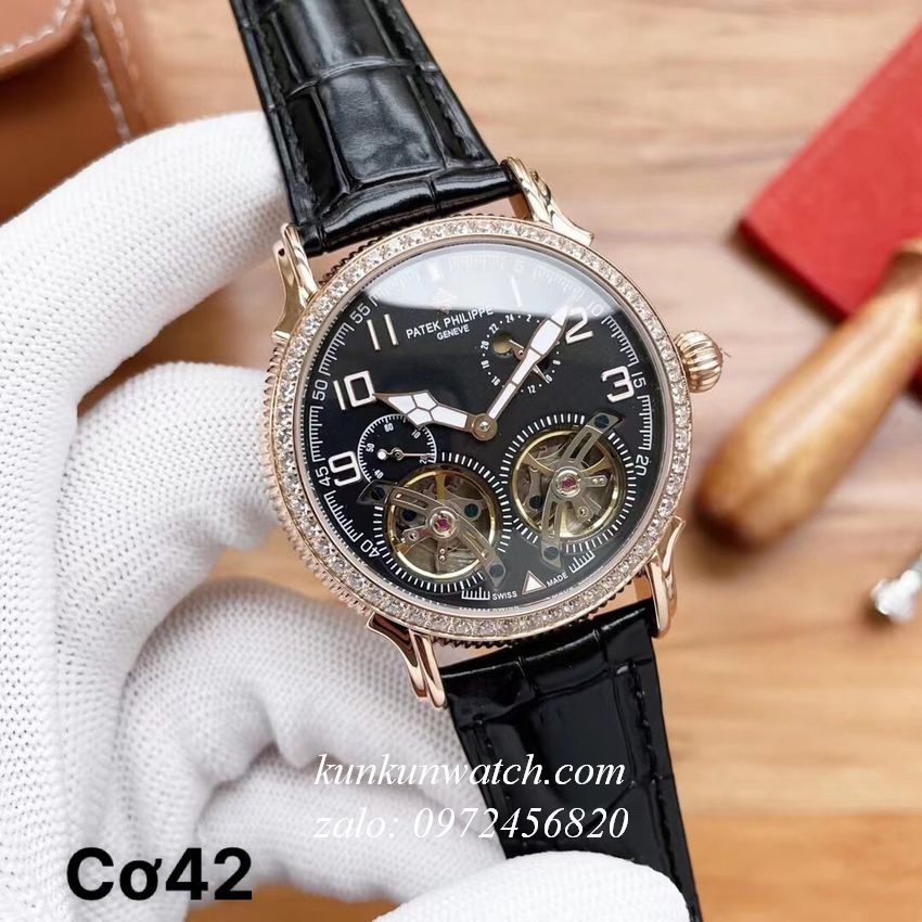 Đồng Hồ Nam Patek Philippe Automatic Lộ Cơ Kim Đính Pha Lê Đen Rose Gold  42mm