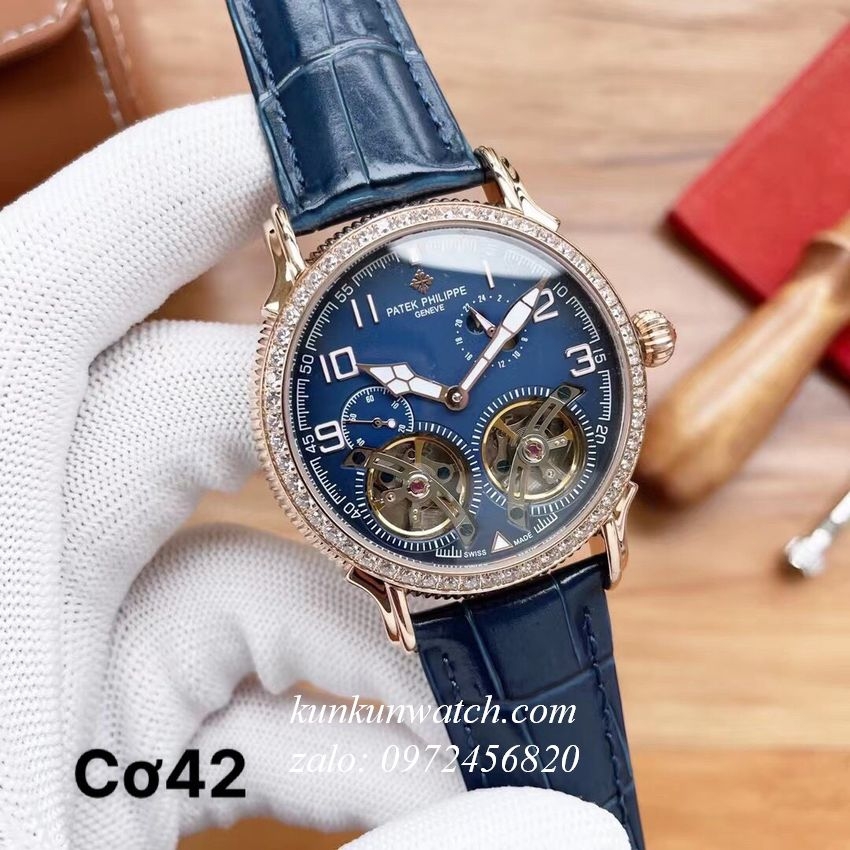 Đồng Hồ Nam Patek Philippe Automatic Lộ Cơ Kim Đính Pha Lê Xanh Rose Gold  42mm