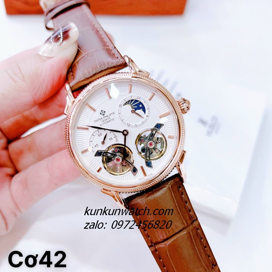Đồng Hồ Nam Patek Philippe Automatic Lộ Cơ Mặt Số Phụ Nâu Rose Gold 42mm
