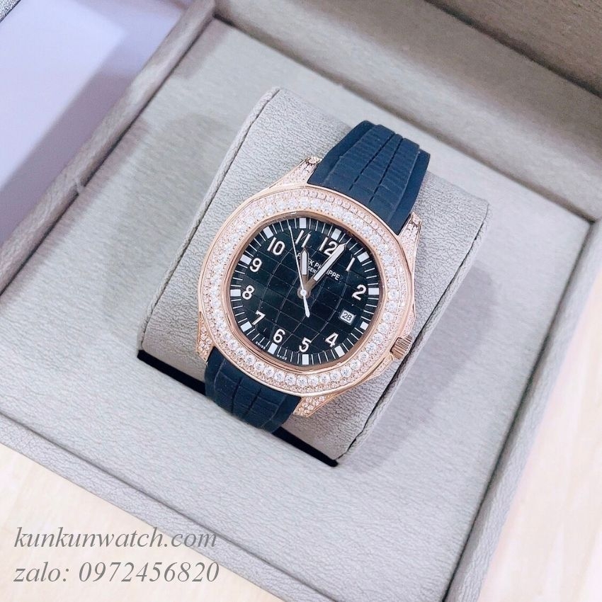 Đồng Hồ Nam Patek Philippe Automatic Đính Viền Pha Lê Vỏ Vàng Hồng Dây  Cao Su Đen 40mm