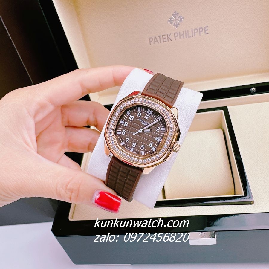 Đồng Hồ Nữ Patek Philippe Nautilus Đính Đá Rose Gold Dây Silicone Nâu 36mm