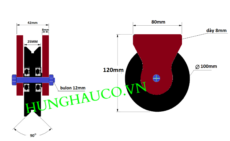 bánh xe ray V phi 100mm - pát dày 8mm | Công ty TNHH Thiết Bị Cửa Hùng Hậu