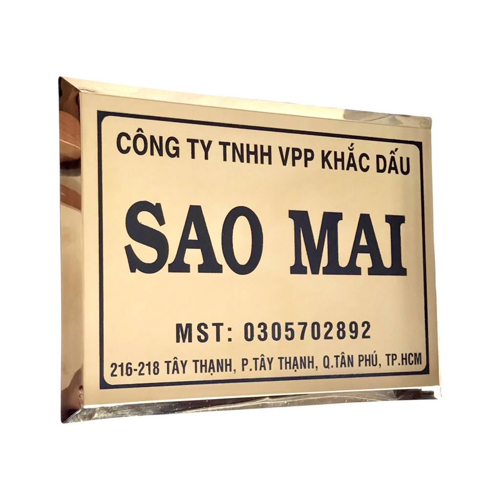 Bảng công ty inox ăn mòn có chân 40x30cm nền vàng bóng chữ đen
