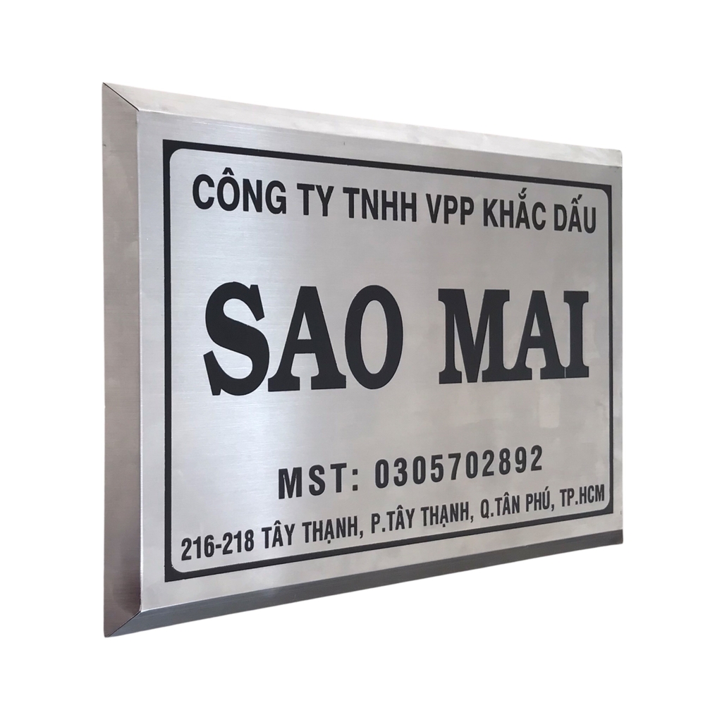 Bảng công ty inox ăn mòn có chân 40x30cm nền trắng xước chữ đen