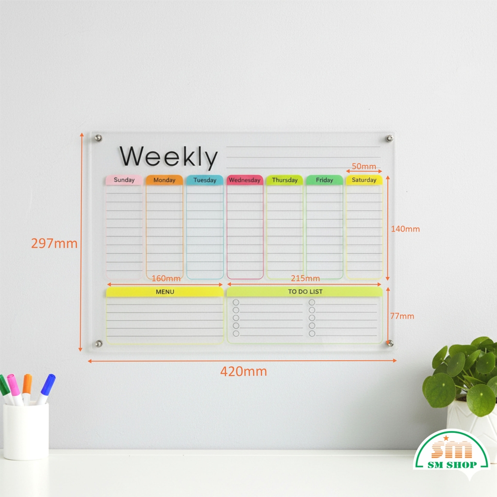 Bảng kế hoạch tháng/tuần 42x29.7cm mica 3mm in uv gắn nam châm A3