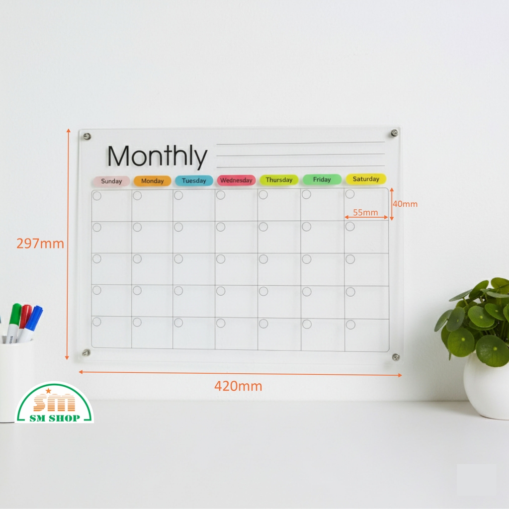 Bảng kế hoạch tháng/tuần 42x29.7cm mica 3mm in uv gắn nam châm A3
