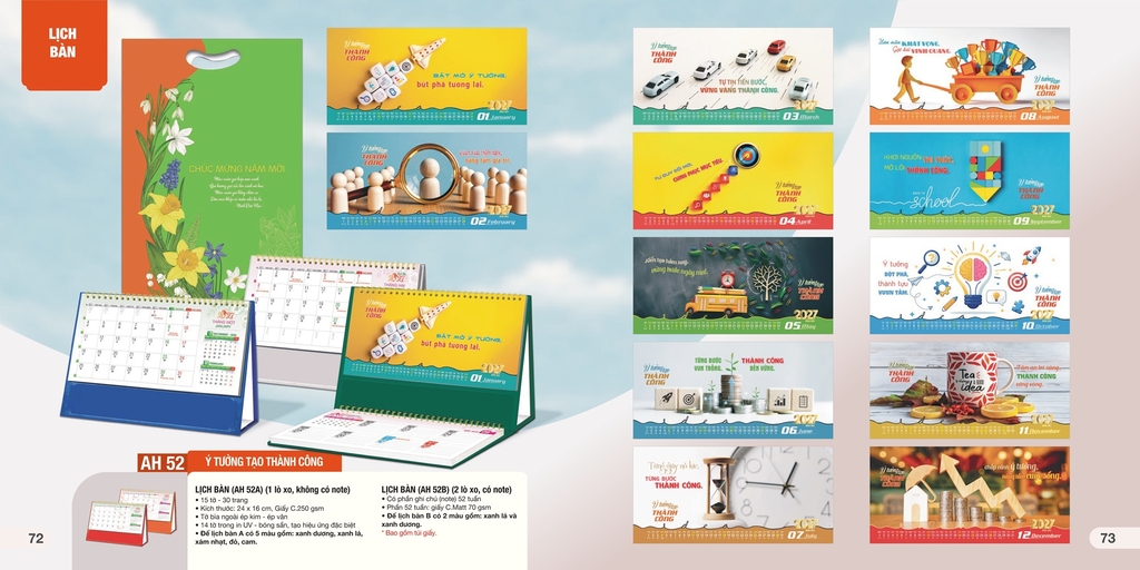 Lịch bàn chữ A AH AH45B-AH47B/ AH49B-AH50B/ AH52B-63B/AH65B-68B 24x16cm ngang có note 2027,Lịch để bàn, Lịch tam giác