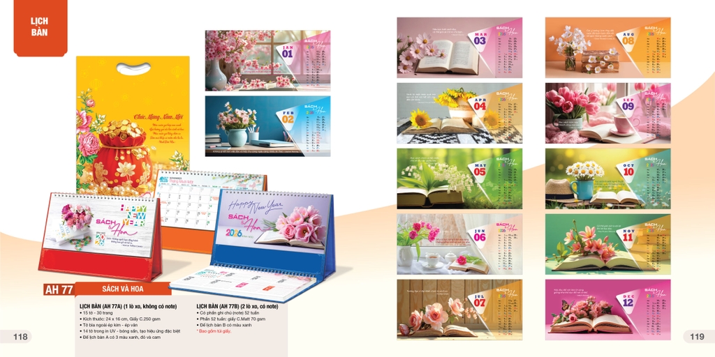 Lịch bàn chữ A AH AH53A/ AH55A/ AH57A-AH60A / AH63A-AH74A/ AH76A-AH81A 24x16cm ngang 2026