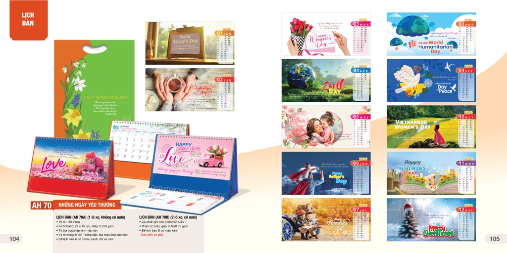 Lịch bàn chữ A AH AH53B/ AH55B/ AH57B-60B/ AH63B-AH74B/AH76B-H81B 24x16cm ngang có note 2026-60B/ AH63B-AH81B 24x16cm ngang có note 2026, Lịch để bàn, Lịch tam giác