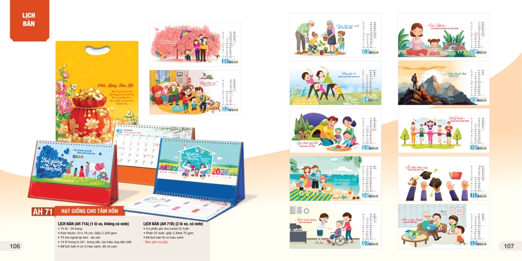 Lịch bàn chữ A AH AH53B/ AH55B/ AH57B-60B/ AH63B-AH74B/AH76B-H81B 24x16cm ngang có note 2026-60B/ AH63B-AH81B 24x16cm ngang có note 2026, Lịch để bàn, Lịch tam giác