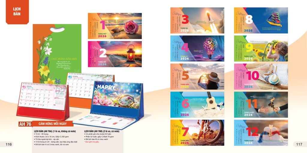 Lịch bàn chữ A AH AH53B/ AH55B/ AH57B-60B/ AH63B-AH74B/AH76B-H81B 24x16cm ngang có note 2026-60B/ AH63B-AH81B 24x16cm ngang có note 2026, Lịch để bàn, Lịch tam giác