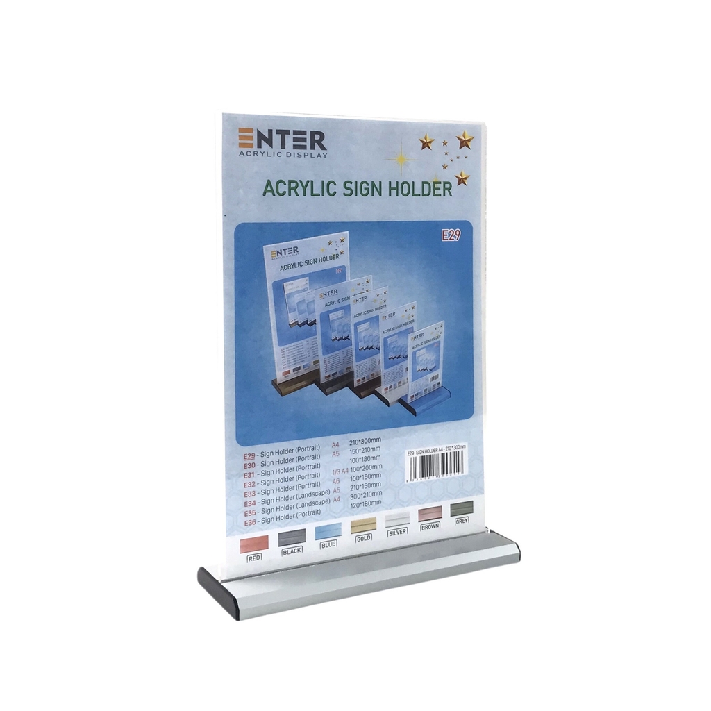 Kệ mica 2 mặt Enter E29 210x300mm đế nhôm A4 đứng, Kệ menu nhà hàng, Standee mica để bàn, Bảng quét mã QR Code (10)