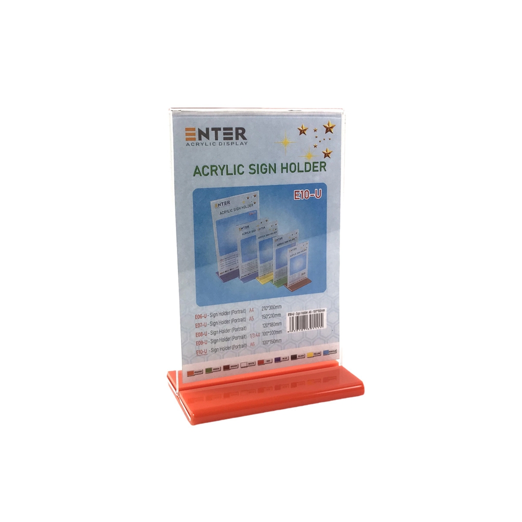 Kệ mica 2 mặt Enter E10-U 100x150mm đế lùa uốn bằng, Kệ menu nhà hàng, Standee mica để bàn, Bảng quét mã QR Code