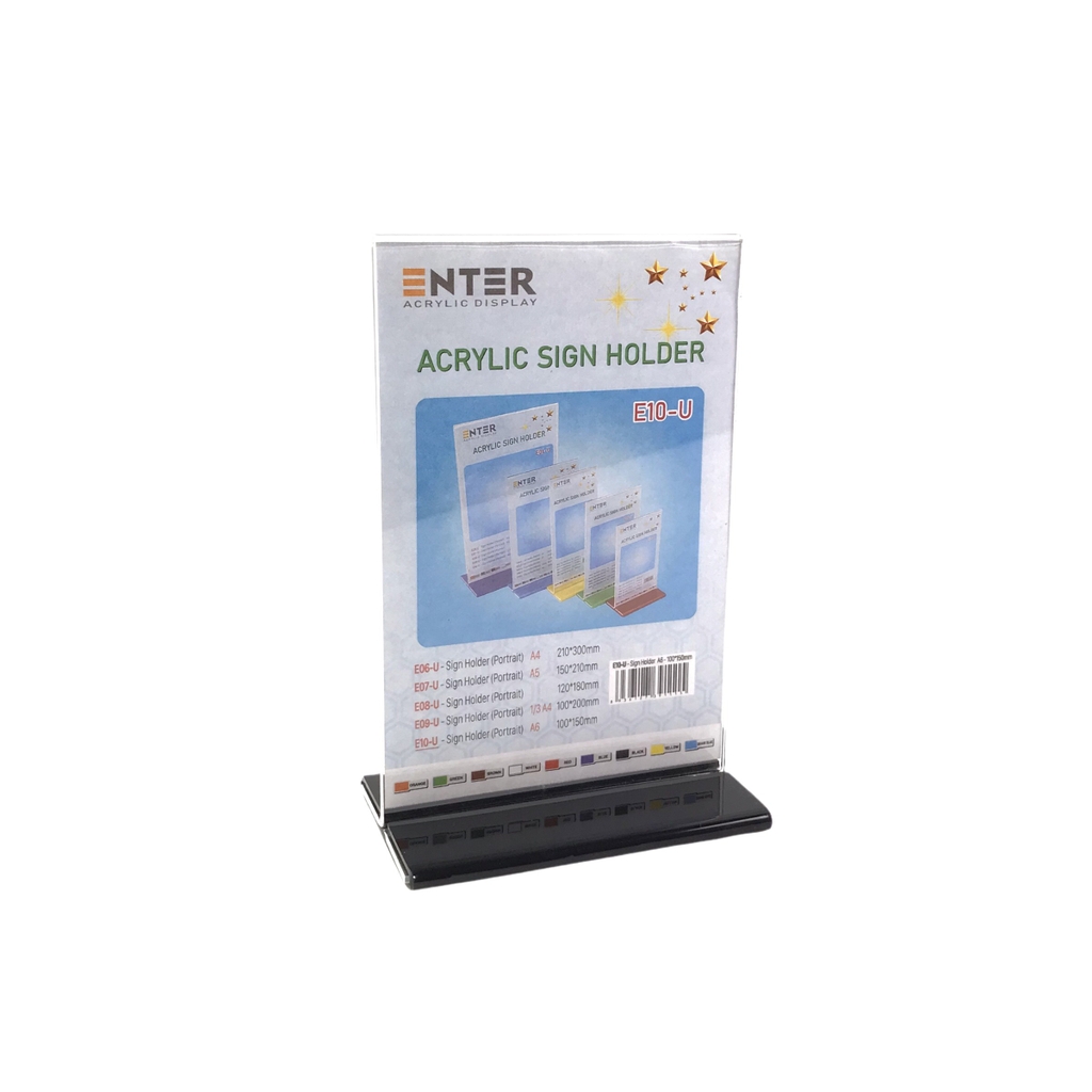 Kệ mica 2 mặt Enter E10-U 100x150mm đế lùa uốn bằng, Kệ menu nhà hàng, Standee mica để bàn, Bảng quét mã QR Code