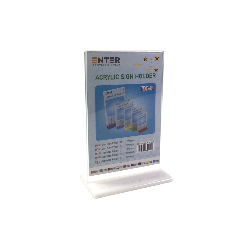 Kệ mica 2 mặt Enter E10-U 100x150mm đế lùa uốn bằng, Kệ menu nhà hàng, Standee mica để bàn, Bảng quét mã QR Code