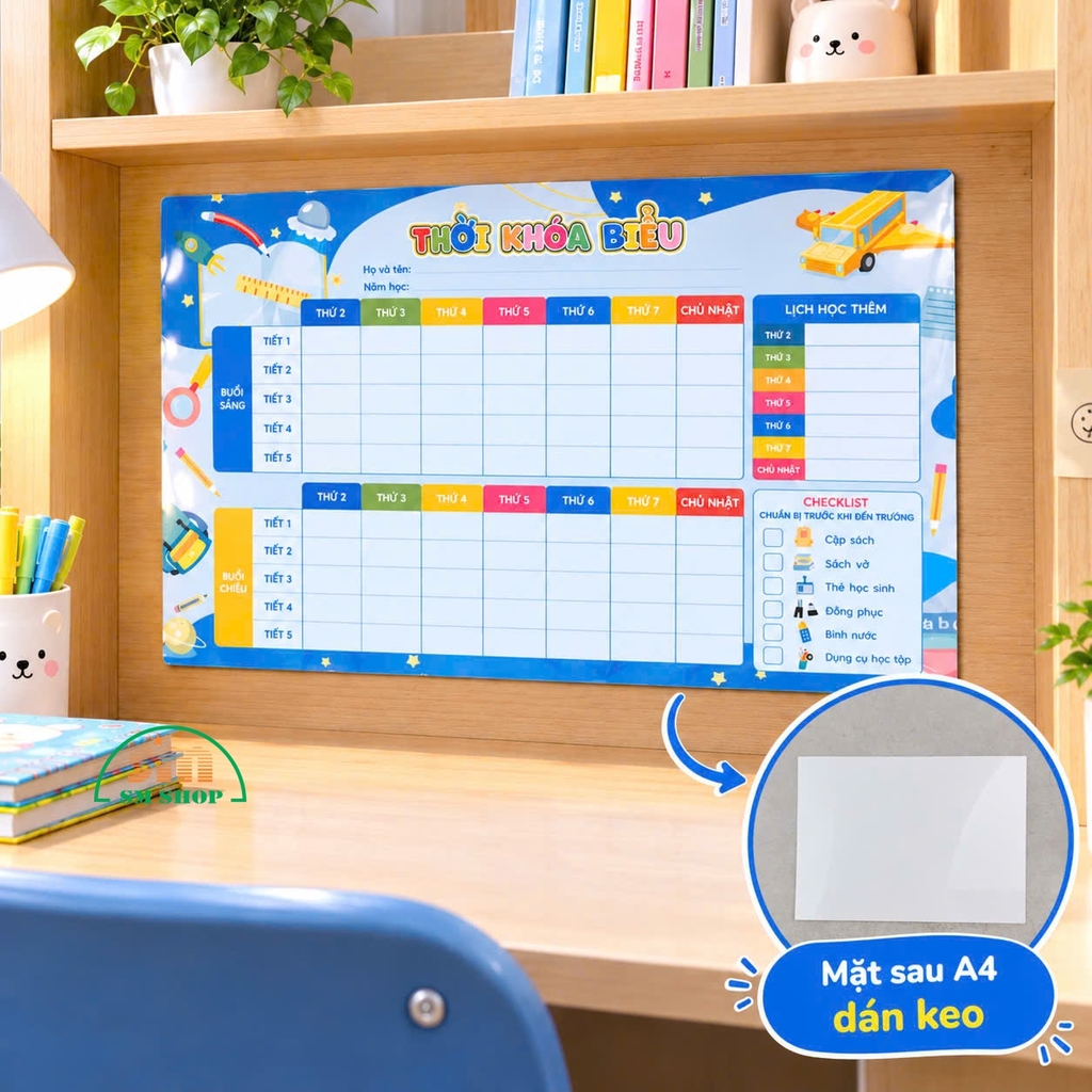 Bảng thời khóa biểu màng mica 0.5mm in PP 1 mặt A4 dán keo/dán gỗ MDF 3mm