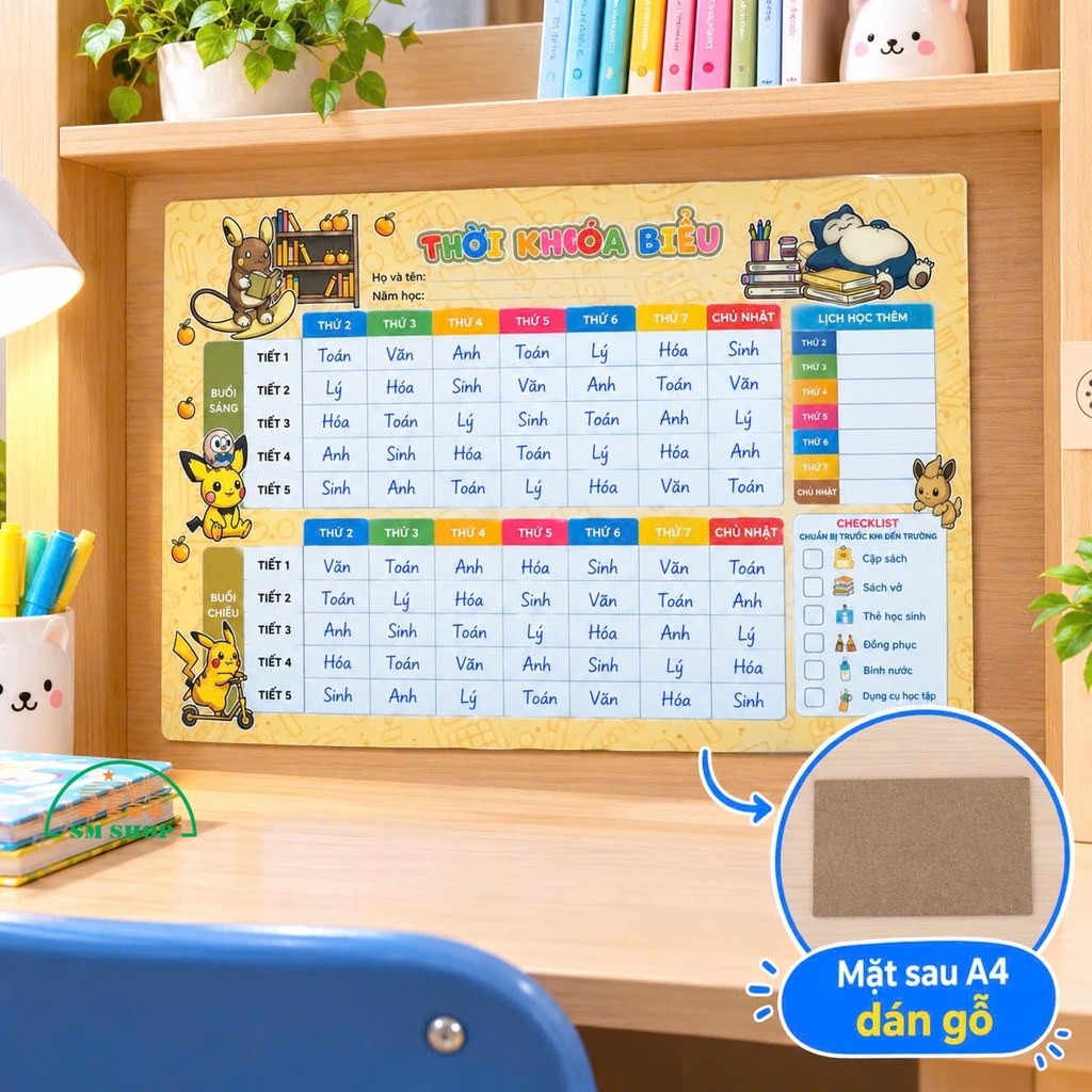 Bảng thời khóa biểu màng mica 0.5mm in PP 1 mặt A4 dán keo/dán gỗ MDF 3mm