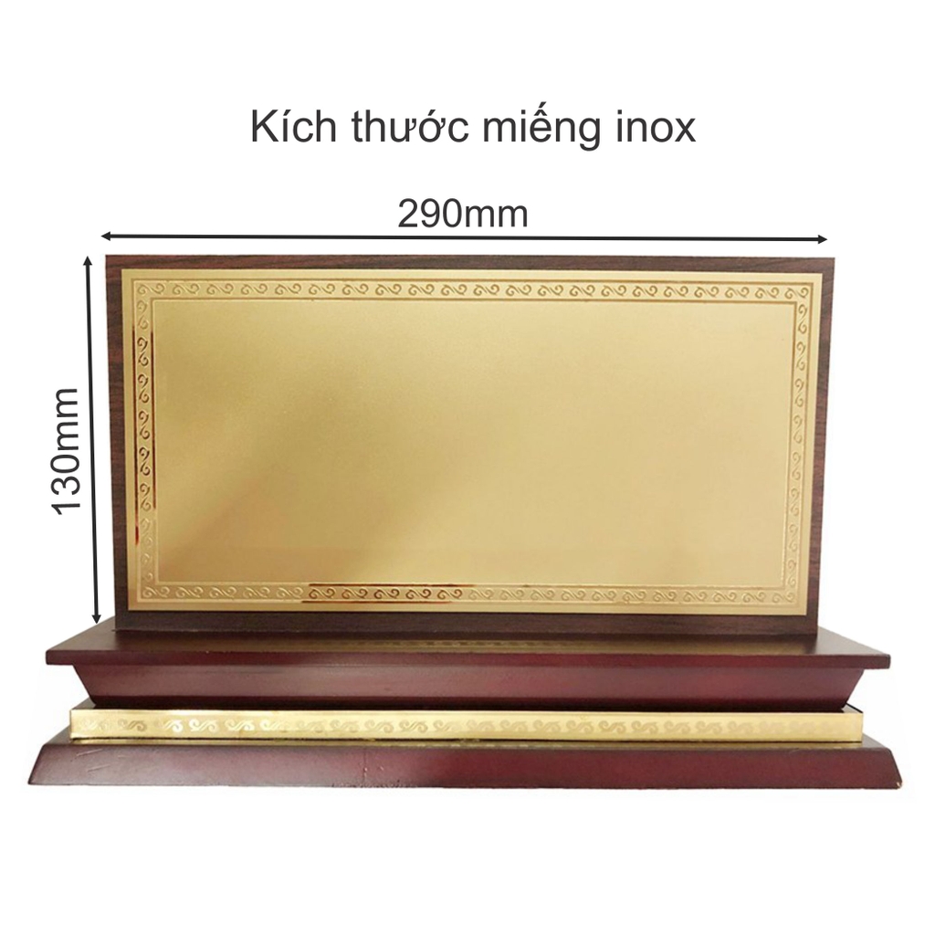 Bảng chức danh đế gỗ hoa văn DG07-D 330x60mm mặt inox không nội dung 294x140mm
