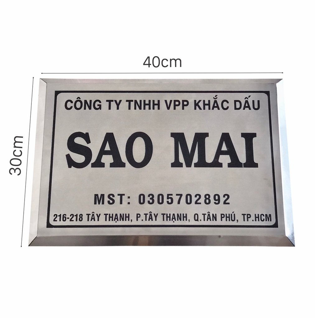 Bảng công ty inox ăn mòn có chân 40x30cm nền trắng xước chữ đen