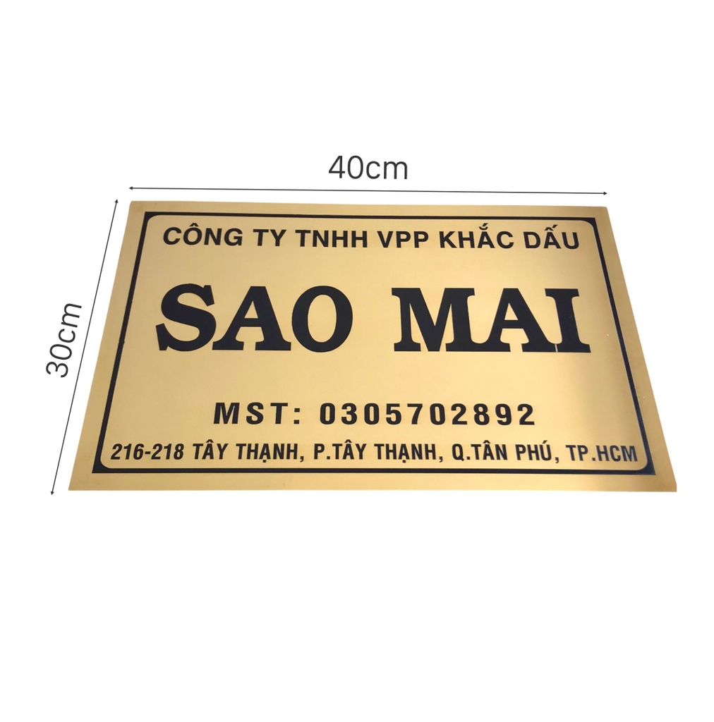 Bảng công ty inox ăn mòn 40x30cm nền vàng bóng chữ đen