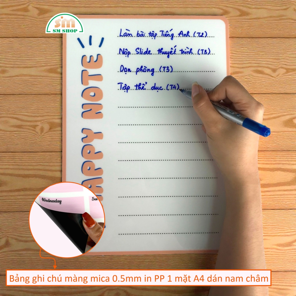 Bảng ghi chú màng mica 0.5mm in PP 1 mặt A4 dán nam châm lá