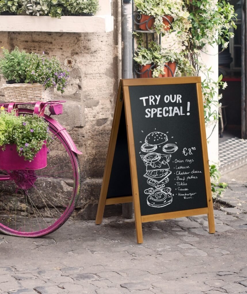 Bảng menu chân đứng 2 mặt TH Romana khung gỗ  60x120cm