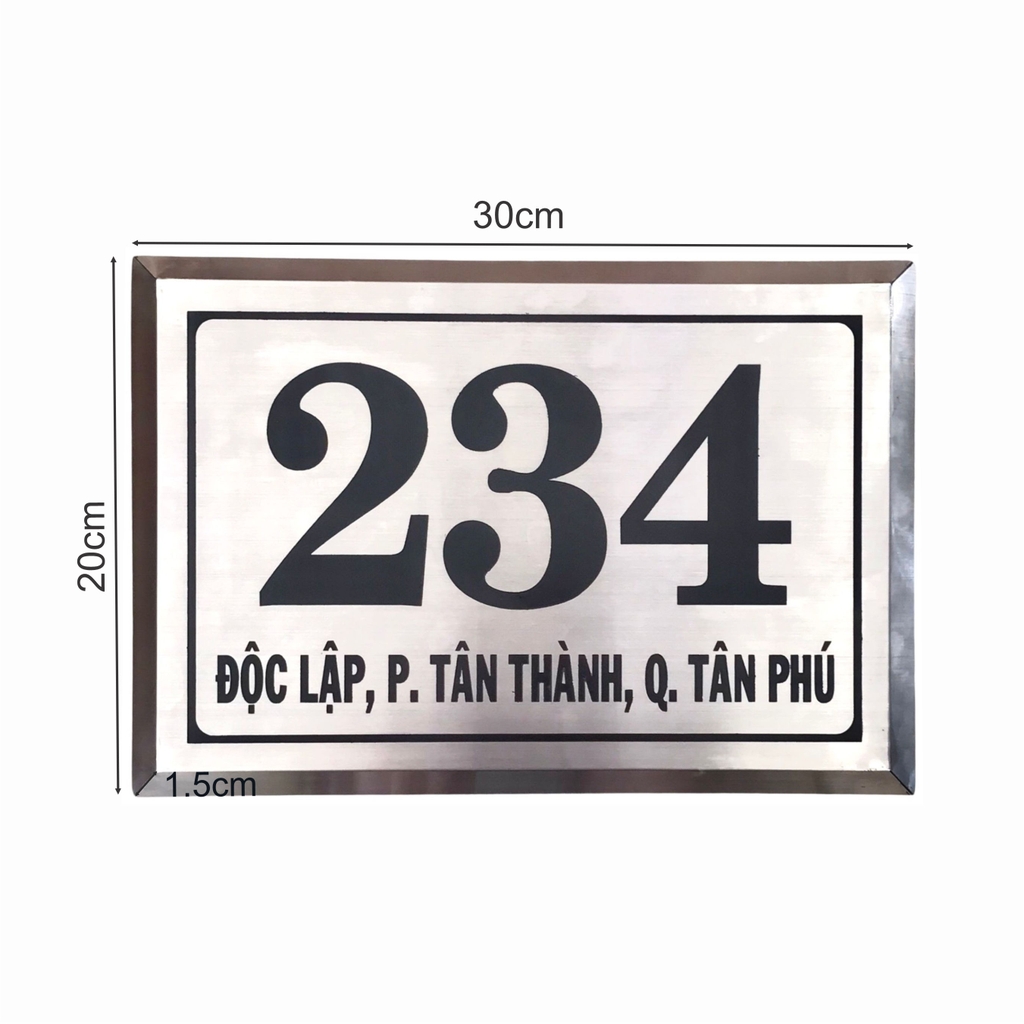 Bảng số nhà inox ăn mòn có chân 30x20cm nền trắng bóng chữ đen