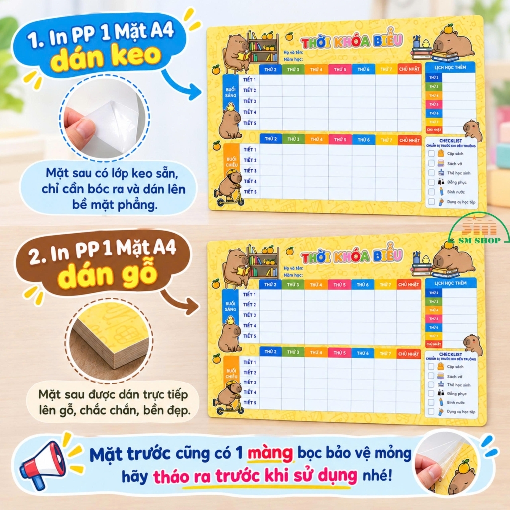 Bảng thời khóa biểu màng mica 0.5mm in PP 1 mặt A4 dán keo/dán gỗ MDF 3mm