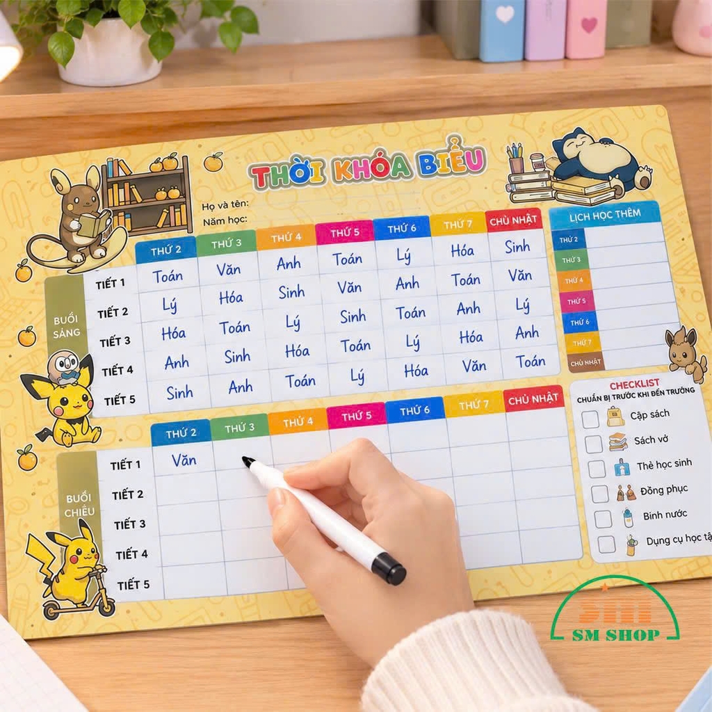 Bảng thời khóa biểu màng mica 0.5mm in PP 1 mặt A4 dán keo/dán gỗ MDF 3mm