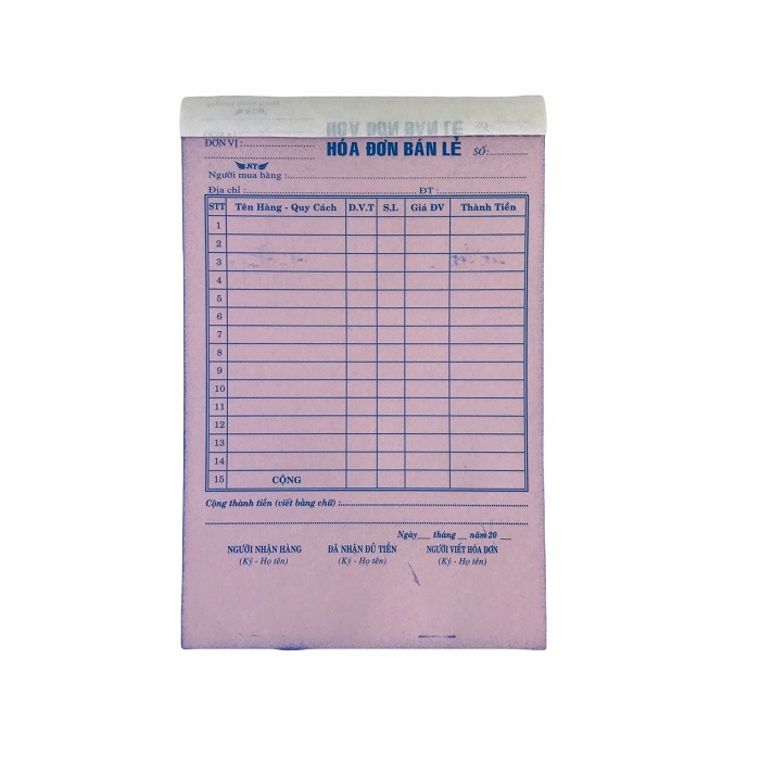 Hóa đơn bán lẻ NY 13x20cm 3 liên 33 bộ có đế (10/100)