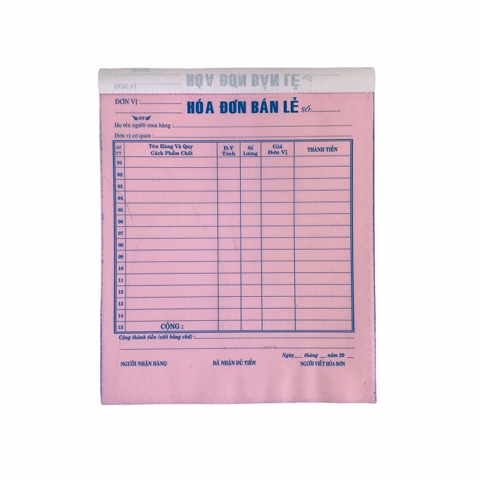 Hóa đơn bán lẻ NY 16x20cm 2 liên 50 bộ A5 (10/120)