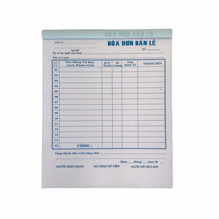 Hóa đơn bán lẻ NY 16x20cm 3 liên 50 bộ không đế A5 (5/60)