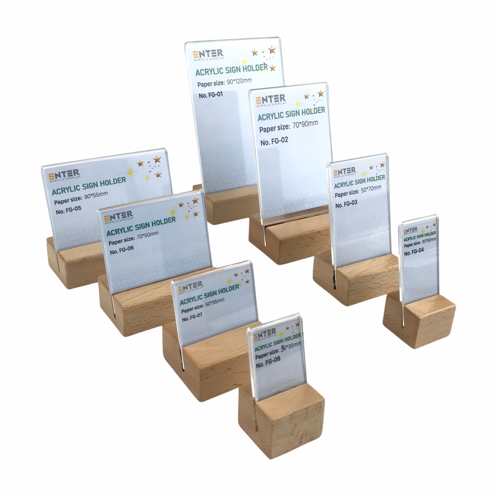 Kệ mica 1 mặt đế gỗ Enter FG-02 70x90mm, Kệ thông tin sản phẩm, Standee mica để bàn, Bảng quét mã QR Code (20)