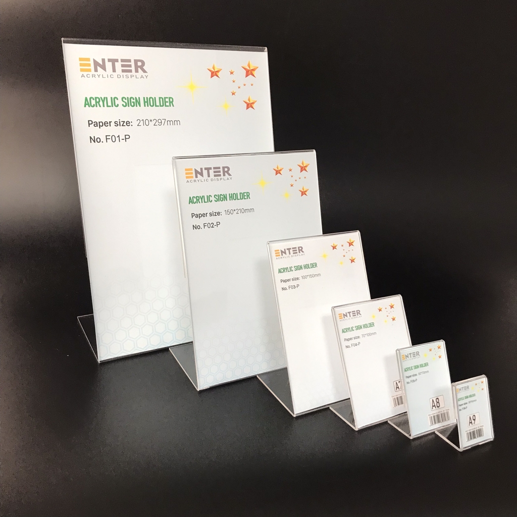 Kệ mica 1 mặt Enter F03-P 100x150mm A6 đứng, Kệ menu chữ L, Khung thông tin sản phẩm, Khung bảng giá, Kệ trưng bày để bàn (20)