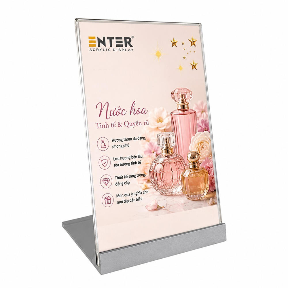 Kệ mica 1 mặt Enter E51 100x150mm đế nhôm A6 đứng, Kệ menu nhà hàng, Standee để bàn