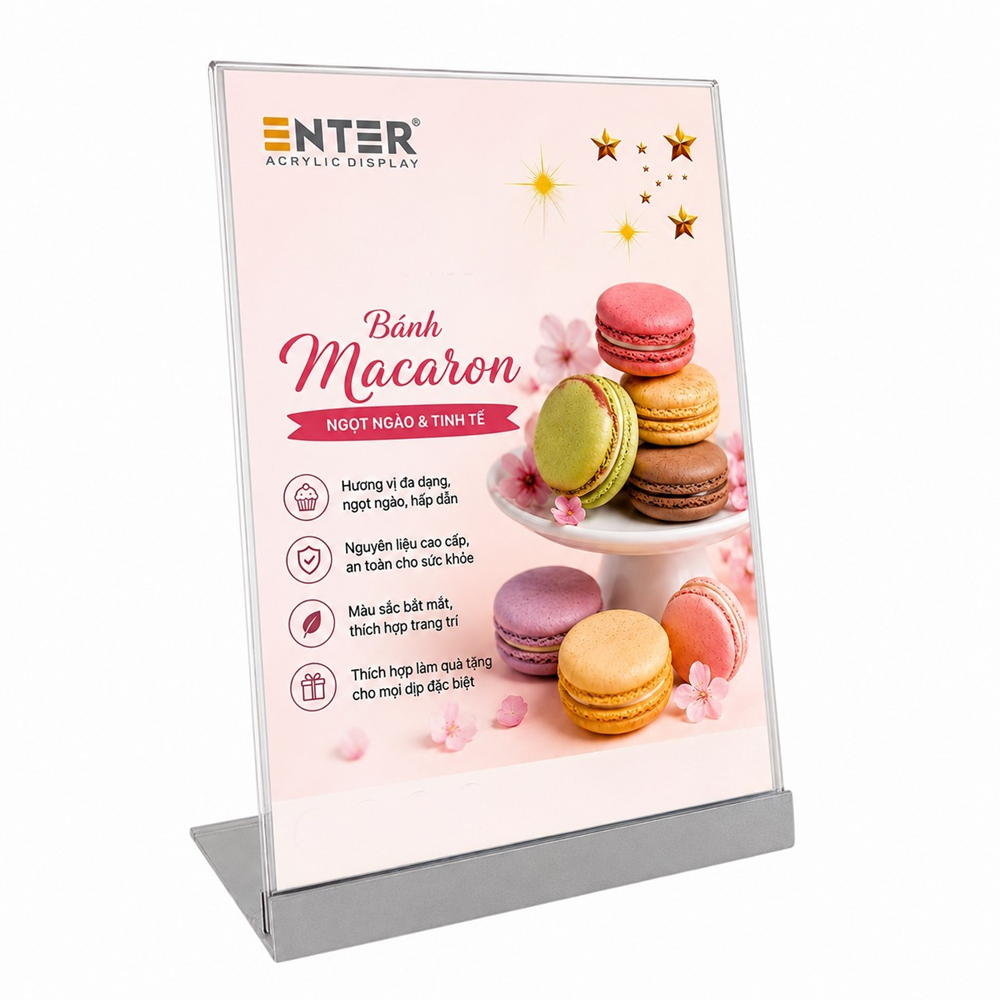 Kệ mica 1 mặt Enter E53 150x210mm đế nhôm A5 đứng, Kệ menu nhà hàng, Standee để bàn