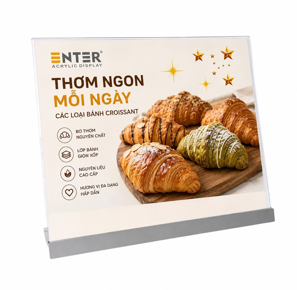 Kệ mica 1 mặt Enter E54 297x210mm đế nhôm A4 ngang, Kệ menu nhà hàng, Standee để bàn