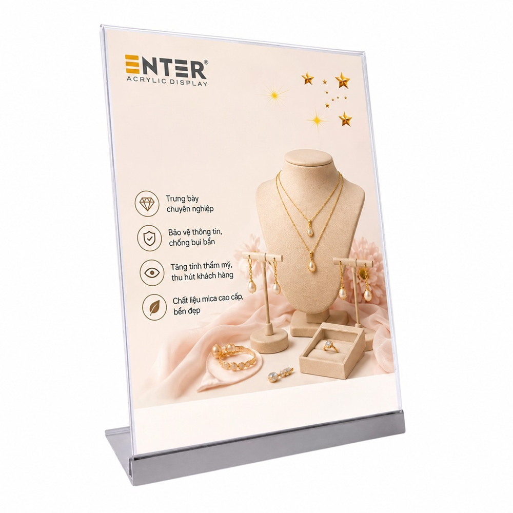 Kệ mica 1 mặt Enter E55 210x297mm đế nhôm A4 đứng, Kệ menu nhà hàng, Standee để bàn
