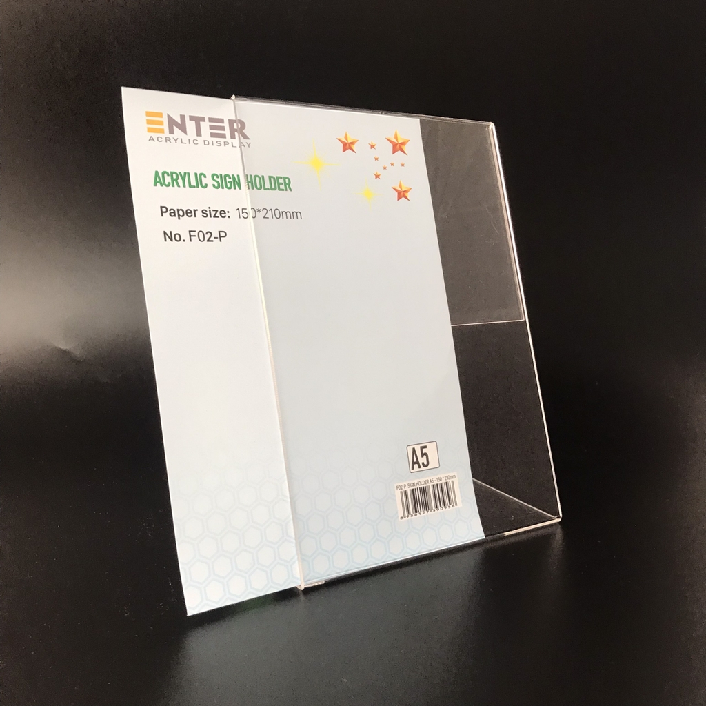 Kệ mica 1 mặt Enter F02-P 150x210mm A5 đứng, Kệ menu chữ L, Khung thông tin sản phẩm, Khung bảng giá, Kệ trưng bày để bàn (20)