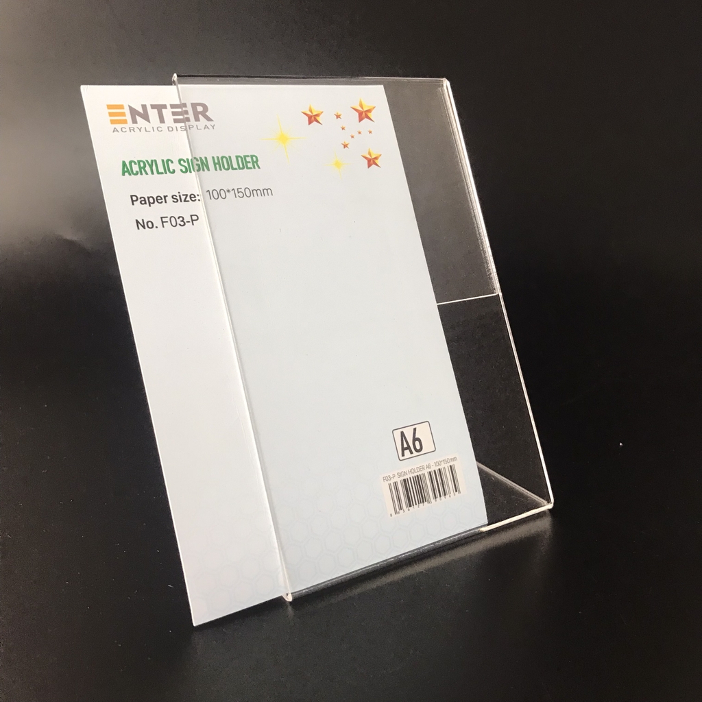 Kệ mica 1 mặt Enter F03-P 100x150mm A6 đứng, Kệ menu chữ L, Khung thông tin sản phẩm, Khung bảng giá, Kệ trưng bày để bàn (20)