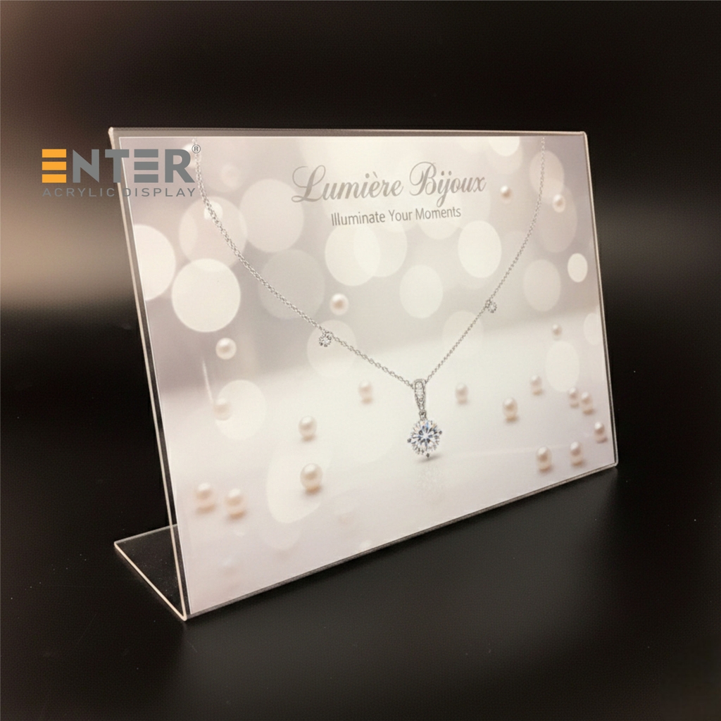 Kệ mica 1 mặt Enter F01-L 300x210mm A4 ngang, Kệ menu chữ L, Khung thông tin sản phẩm, Khung bảng giá, Kệ trưng bày để bàn