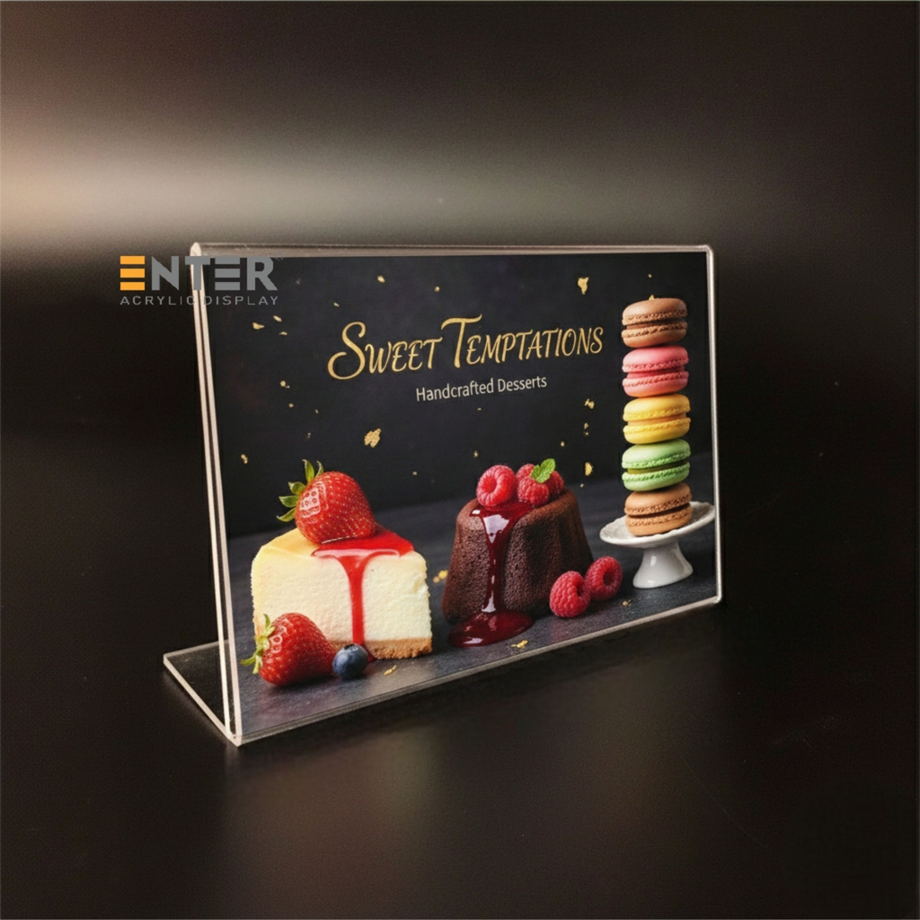 Kệ mica 1 mặt Enter F04-L 100x75mm A7 ngang, Kệ menu chữ L, Khung thông tin sản phẩm, Khung bảng giá, Kệ trưng bày để bàn (20)