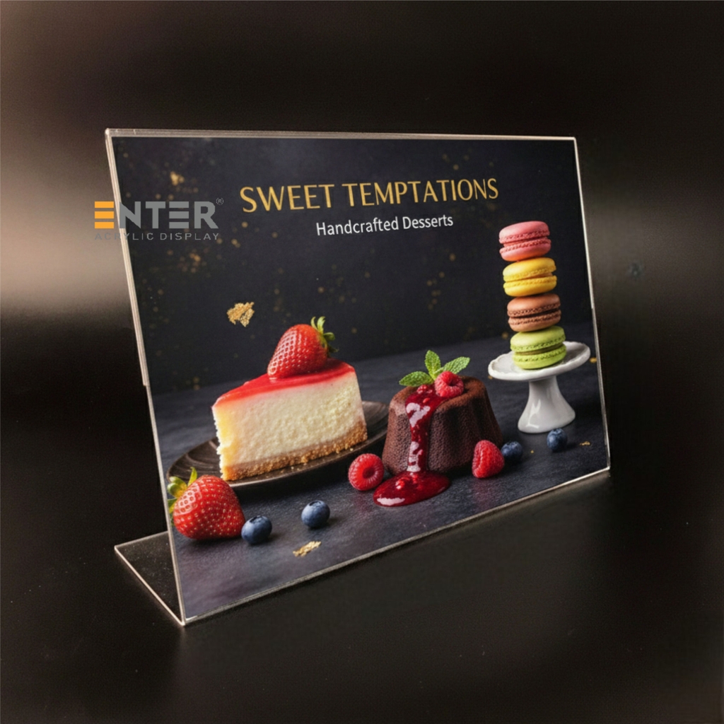 Kệ mica 1 mặt Enter F02-L 210x150mm A5 ngang, Kệ menu chữ L, Khung thông tin sản phẩm, Khung bảng giá, Kệ trưng bày để bàn (20)